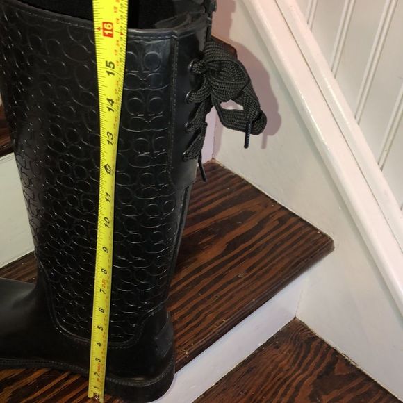 COACH Jacquard Signature C Laced Up Back Bow Heeled Black Rainboots Sz 9 - Picture 4 of 17